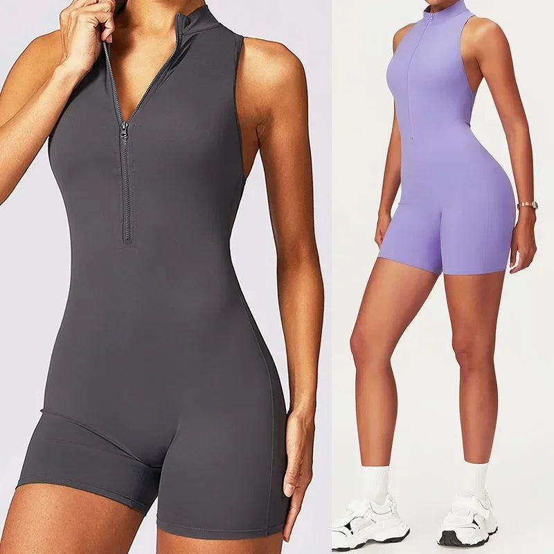 Women's Zip-Front Open-Back Workout Playsuit