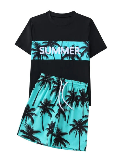 Boy Kids Swimsuit Leaves Print Short Sleeve Children Swimwear Summer Two Piece Beach Wear Shorts Bathing Suit Swimming