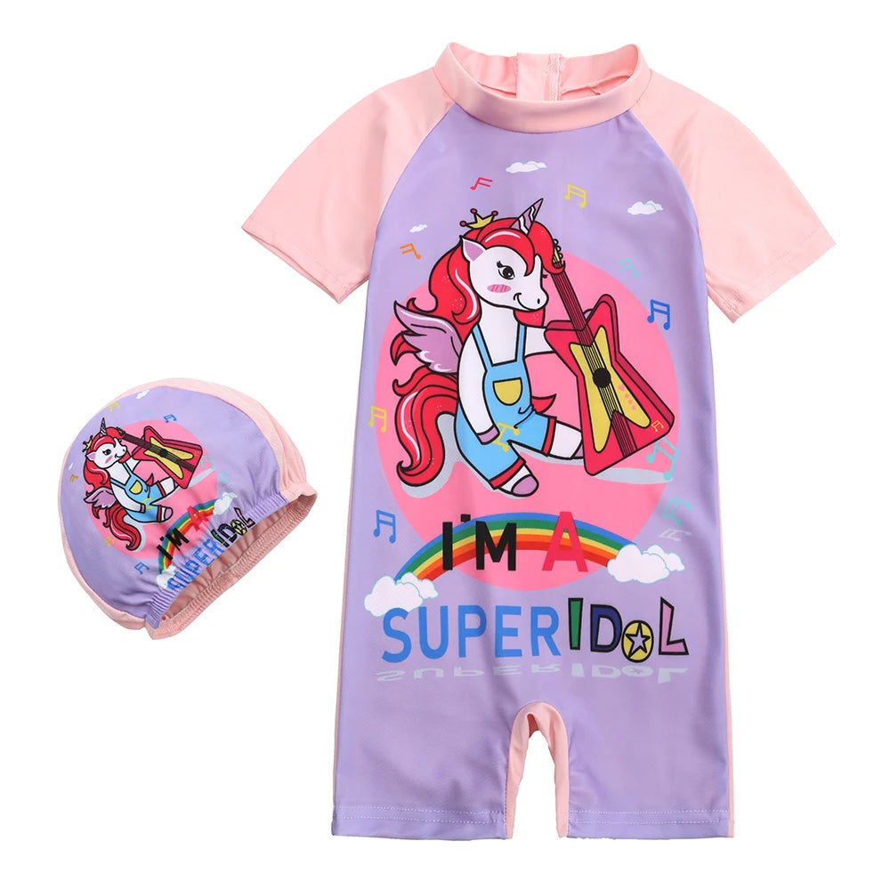 Toddler Children Swimwear Suit Print UV Kids Boys Girls Summer Beach Clothes 2Pcs Cap+Bathing Swimming Diving Swimsuit