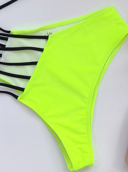 V Neck Print Hollow Bikini Set High Cut Halter Swimsuit For Women Backless Tied 2 Piece Swimwear Bathing Suit