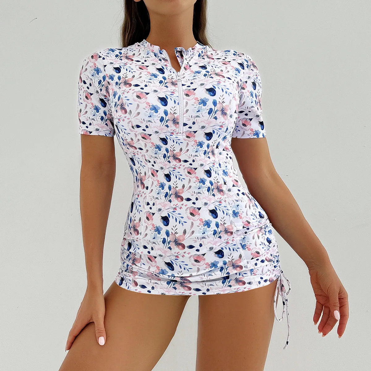 Floral Women Swimsuits Sun Protection Female Short Sleeves Swimwear Surfing Sports Pool Beachwear Two-Piece Bathing Suits