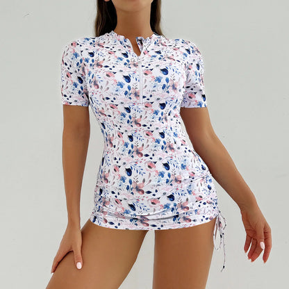 Floral Women Swimsuits Sun Protection Female Short Sleeves Swimwear Surfing Sports Pool Beachwear Two-Piece Bathing Suits