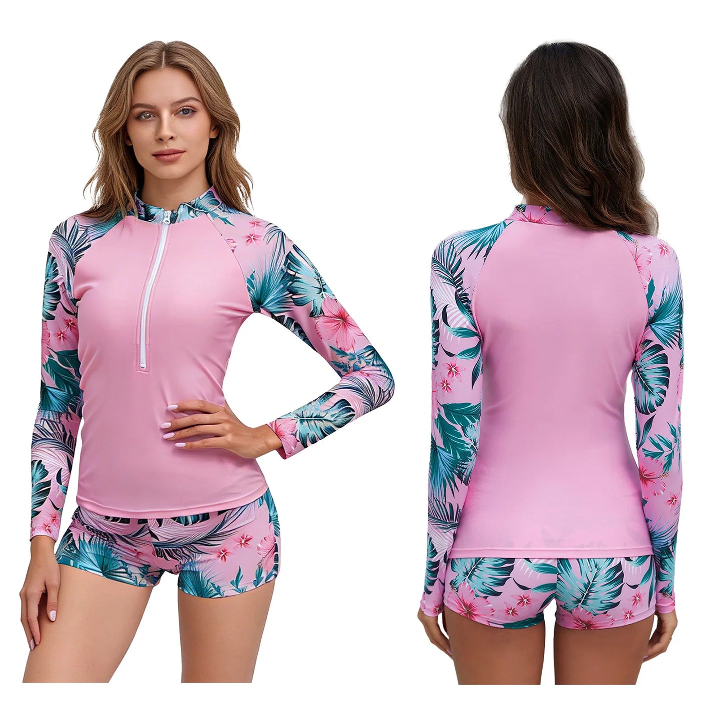 Women's Rash Guard Swimsuit Two Pieces Swimwear Floral Print Long Sleeve Half Zipper Top with Short Bathing Suit Swim Outfit