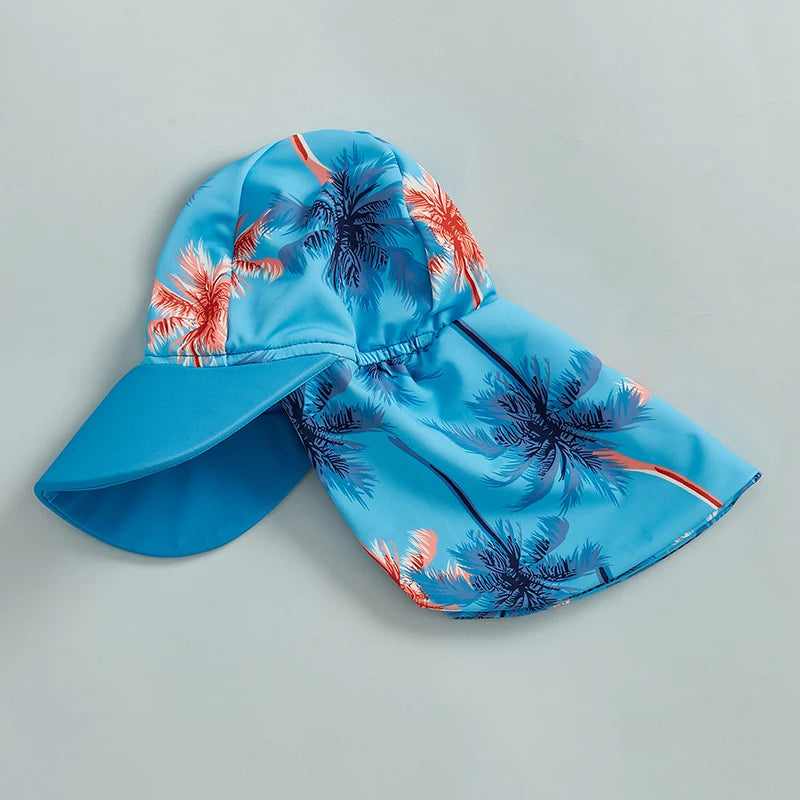 Toddler Boys Rash Guard Swimsuit Coconut Tree Print Long Sleeve Zip Bathing Suit with Swim Cap