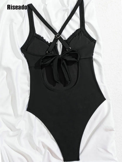 V Neck High Cut Cross Back One Piece Swimsuits Bathing Suits 80s/90s Design Swimwear Bathers