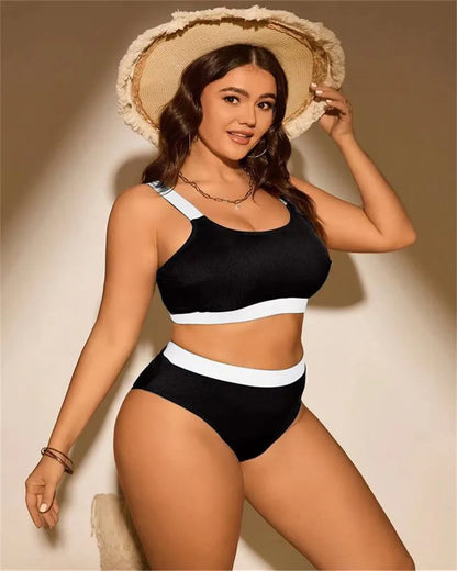 Solid Patchwork Two Pie Plus Size Bikini Women High Waist Large Swimsuit Lady Swimwear Beach Curvy Bathing Suit