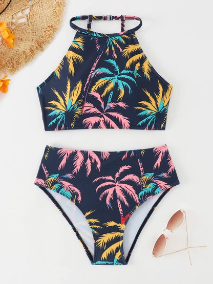 Bikini Women Swimsuit Coconut Tree Print Halter Bikinis Set High Waist Swimwear Summer Beach Bathing Suit Female