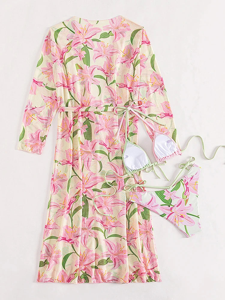 Floral Print Hollow 3 Piece Mesh Smock Bikini Set Women Swimsuit Tied Halter Swimwear Backless Beach Bathing Suit