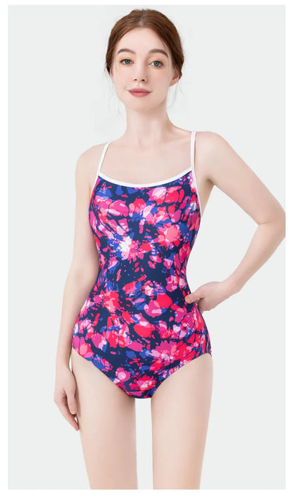 Women Vintage Racing One-piece Swimwear Sun Protection Professional Competition Flower Printed Swimsuit Training Bikini
