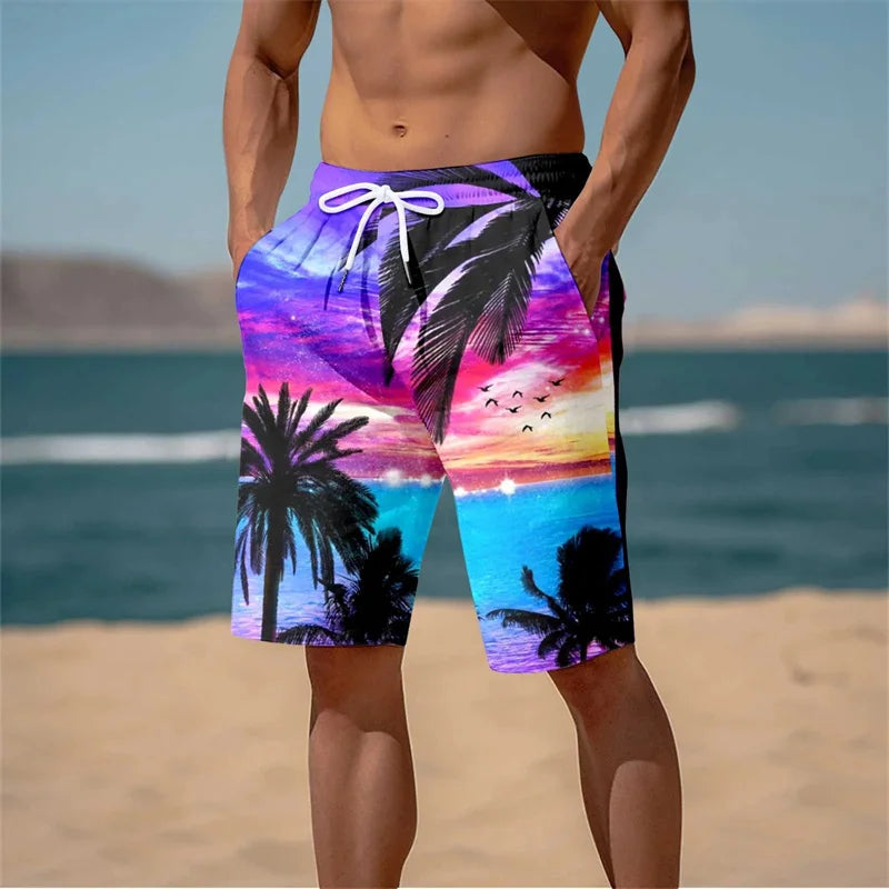 Harajuku 3D Cocoanut Trees Printing Beach Shorts Palm Tree Graphic Board Shorts For Men Hawaiian Cool Swimming Trunks