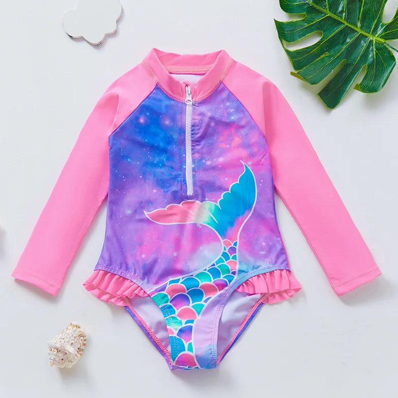 Girls Swimsuit Long Sleeves One Piece Swimwear for Kids Toddler Leopard UPF50+ Rash Guards Infant Bathing Suit