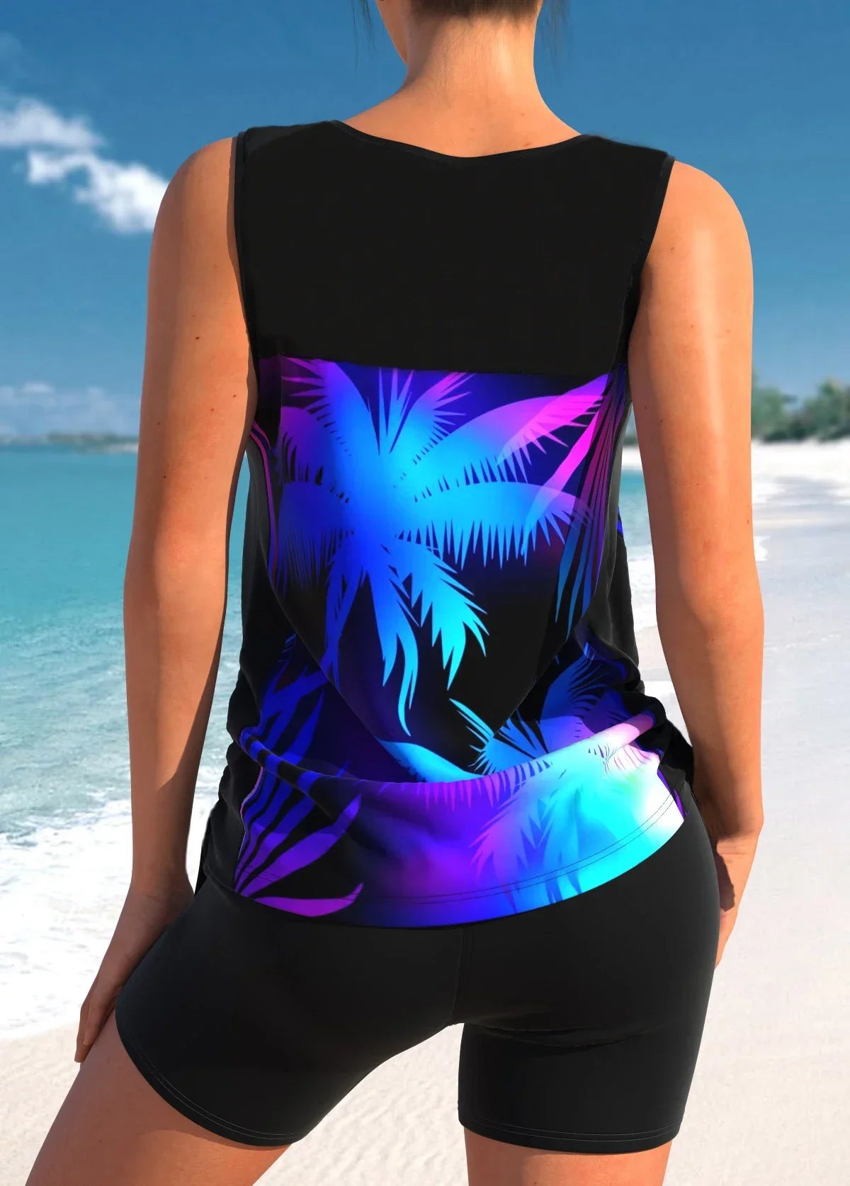 Women's Bright Flower Print Two-piece Tankini Fashionable Beach Swimsuit S-6XL