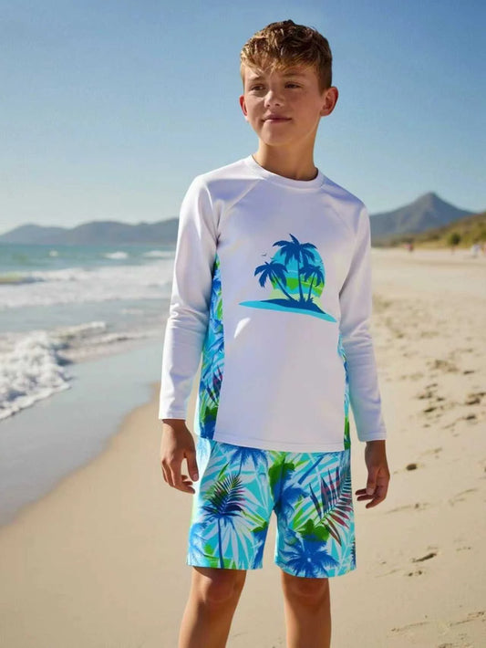 Boys' Palm Print Long Sleeve Rash Guard & Shorts Set