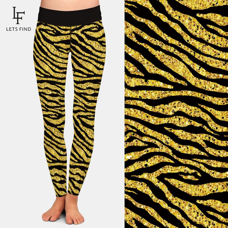 High Waist Women Leggings Fashion 3D Golden Zebra Print  Elastic Black Leggings