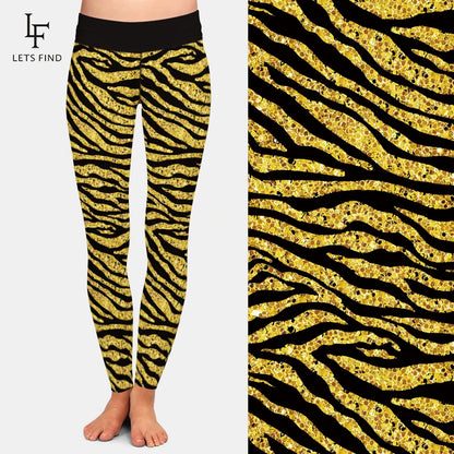 High Waist Women Leggings Fashion 3D Golden Zebra Print  Elastic Black Leggings
