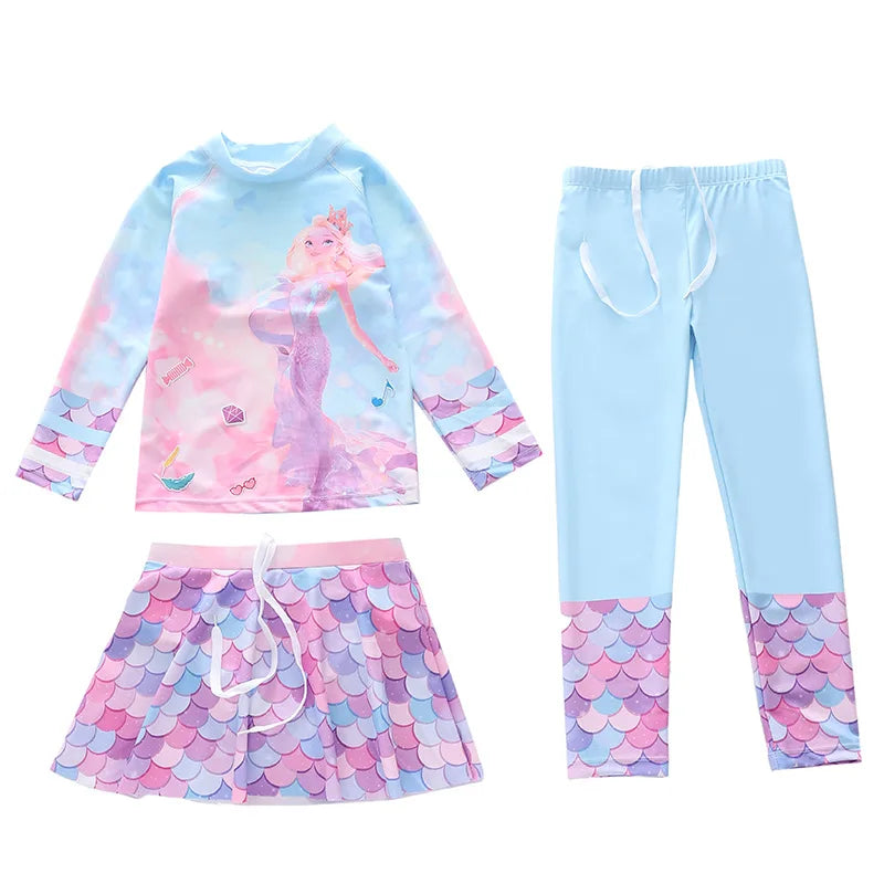 Swimsuit for Children Long Sleeve Rash Guard Swim Skirt and Surf Pant Set Sunscreen UV Protection Beach Kids Bath Clothes Girl