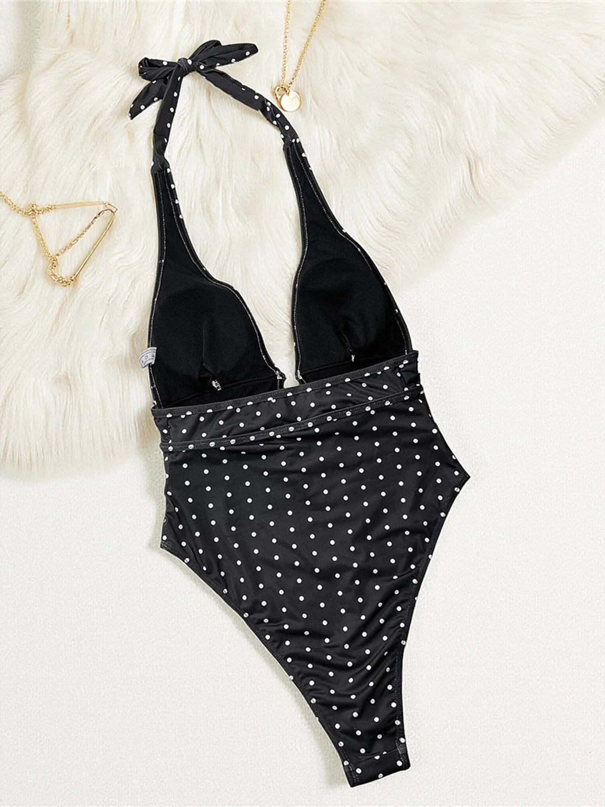 Polka Dots Halter Deep V Neck One Piece Swimsuit Women Swimwear Female Backless Monokini Padded Bather Bathing Suit Swim