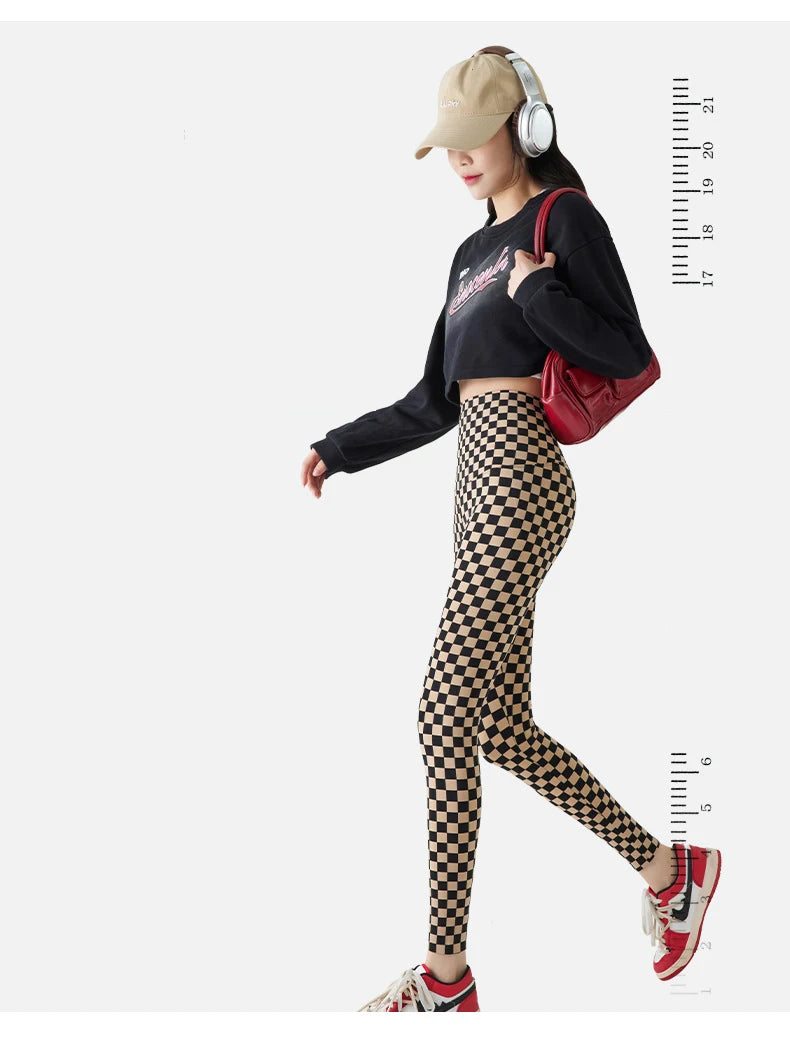 Checkerboard Plaid Shark Leggings Women High Waist Tight Slim Push Up Leggings Seamless Sports Fitness Leggings