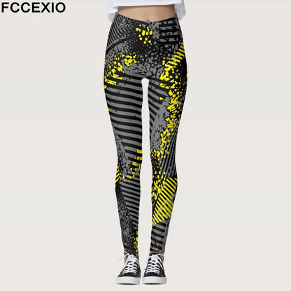 FCCEXIO Summer Geometric Graffiti Print Women's Sports Leggings High Waist Running Tight Fitness Workout Yoga Gym Pants S-3XL