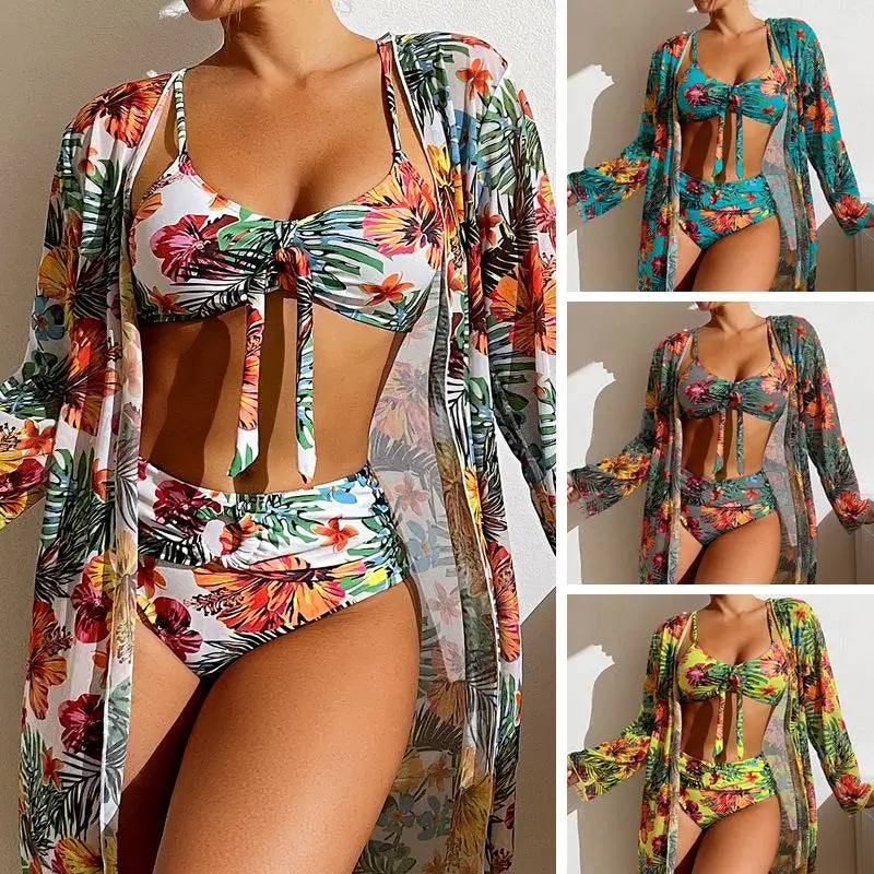 Size S-3XL Bikini Three Pieces Floral Printed Swimsuit Women Bikini Set With Mesh Long-Sleeved Blouse ,Bra Top with Pad Swimwear