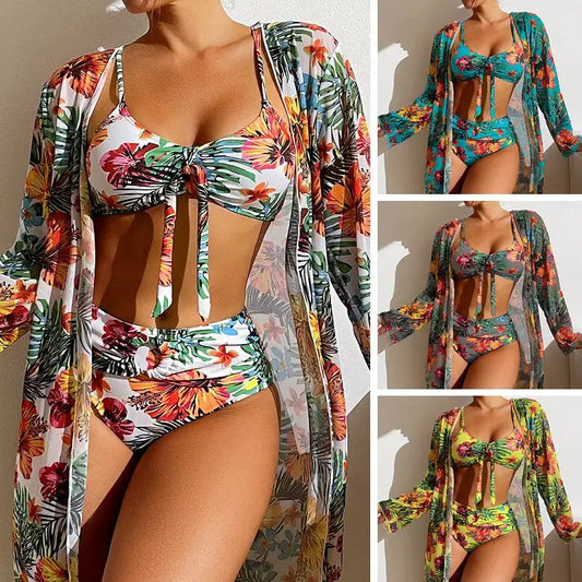 Size S-3XL Bikini Three Pieces Floral Printed Swimsuit Women Bikini Set With Mesh Long-Sleeved Blouse ,Bra Top with Pad Swimwear