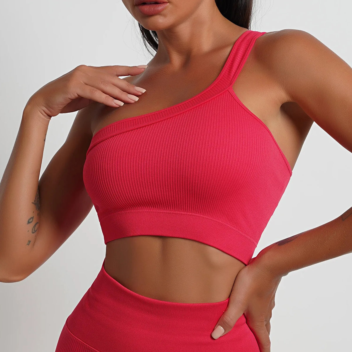 Ribbed Detachable Padded Yoga Crop Tops Women's Seamless Slanted Shoulders Tops Fitness Althetic Pilates Sportwear