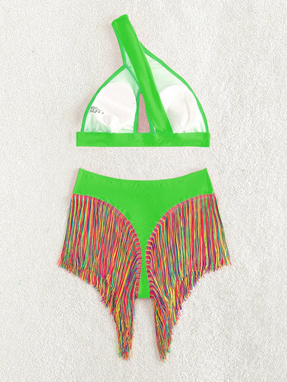 Fringe Tassel One Shoulder High Waist Bikini Women Swimwear Female Swimsuit Two-pieces Bikini Set Hollow Out Bathing Suit Swim