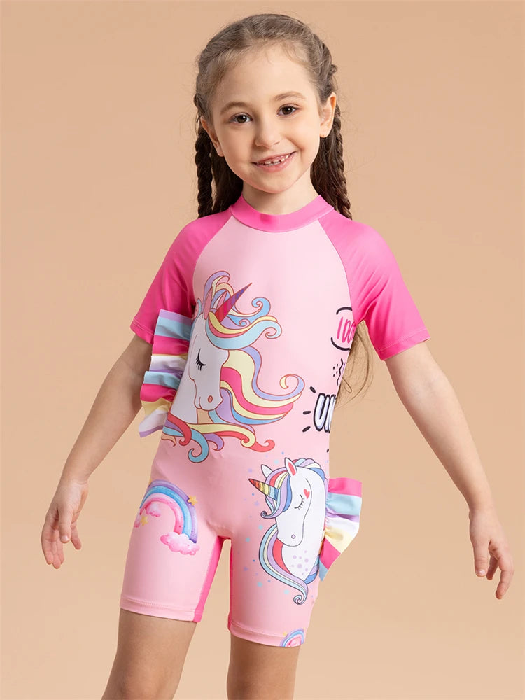 Girls Kids Swimsuit Rainbow Horse Siamese Short Sleeves Children Swimwear Summer One Piece Beach Bathing Suit Swimming