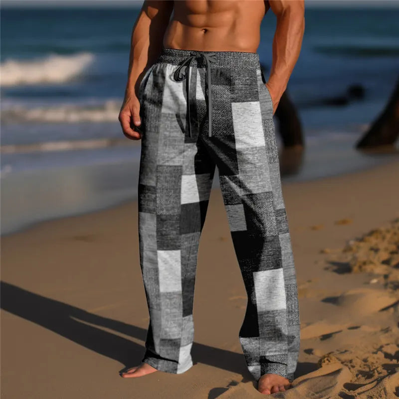 Plaid Color Block Men's Resort 3D Printed Casual Pants Trousers Elastic Waist Fit Straight-Leg Pant Summer Beach Pants 5XL