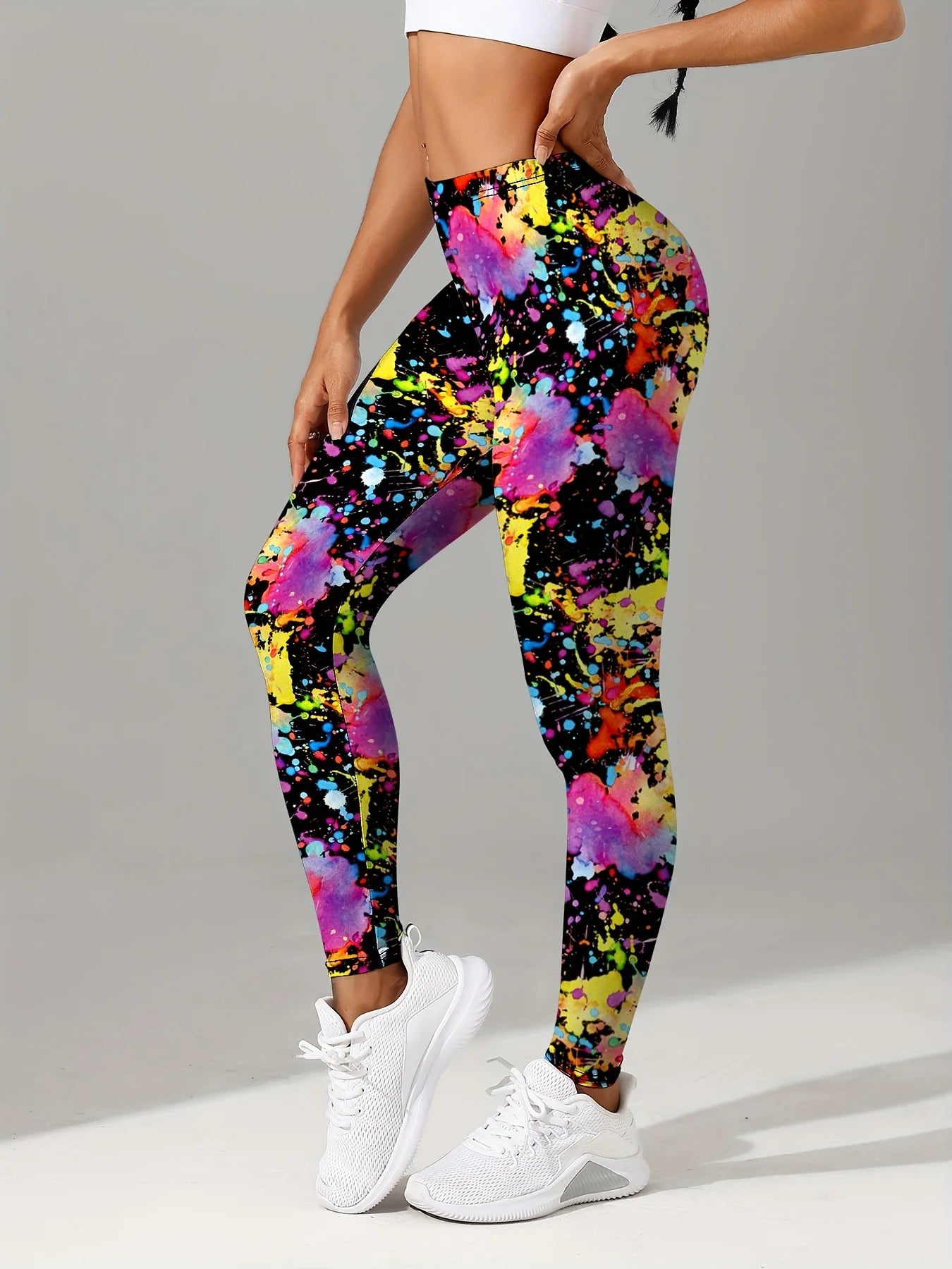 Women's leggings with oil paint splatter print, polyester and spandex blend, elastic waistband, autumn and winter clothing
