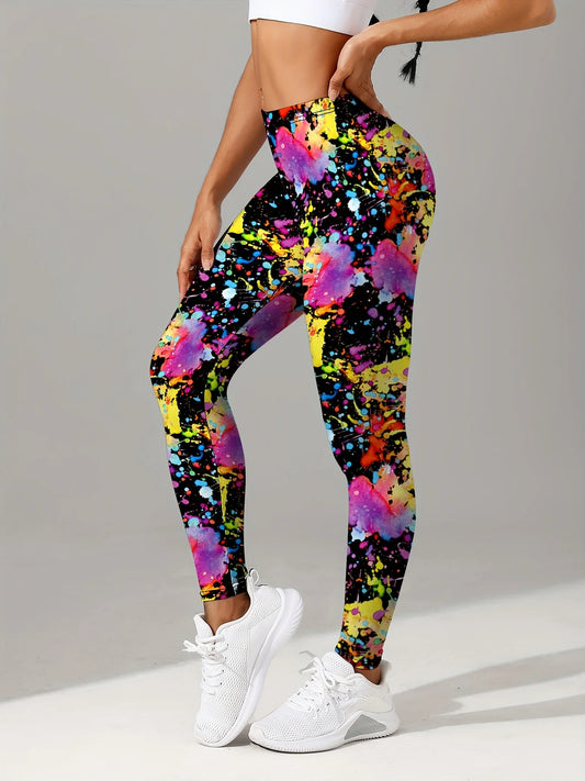 Women's leggings with oil paint splatter print, polyester and spandex blend, elastic waistband, autumn and winter clothing