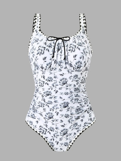 Floral Print Drawstring Swimsuit Women One Piece Strappy Swimwear Female Monokini Bathing Swimming Suit Padded Beachwear