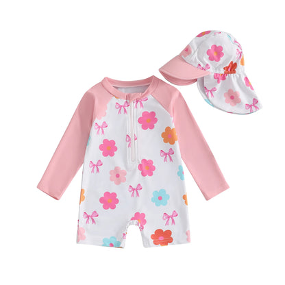 Toddler Girl Long Sleeve Swimsuit Floral/Bow/Strawberry Print Half Zipper Non-Pilling Rash Guard Swimwear Sunhat Set