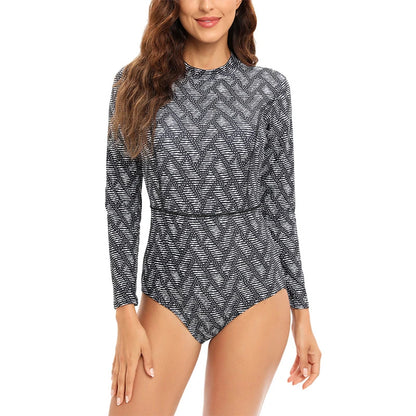 Women Print Long Sleeve One Piece Swimsuit Zipper Swimwear Bathing Suit Beach Wear Vintage Bodysuit Surfing Swim Suits