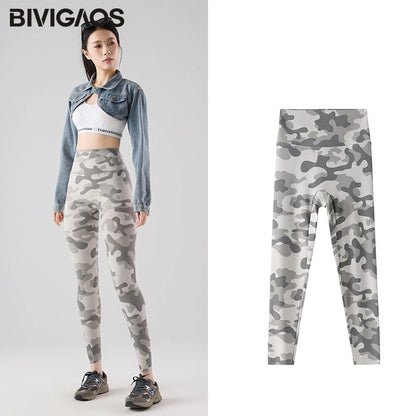 BIVIGAOS Spring Summer Seamless Camouflage Sharkskin Leggings Women Fashion High Waist Casual Sports Tights Fitness Leggings