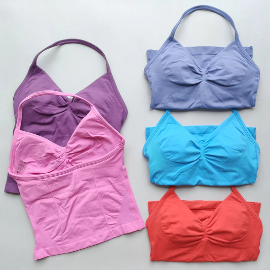 Longline Strappy Gym Top Backless Gym Clothes Women Scrunch Built-in Bra With Removable Cups Yoga Tank Tops