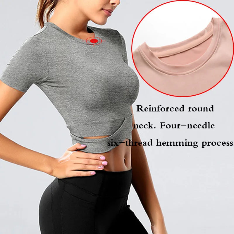 Aiithuug Waist Yoga Short Sleeve Crisscross Waist Breathable Gym Shirts Sports Tops Workout Fitness Crop Top Yoga Top