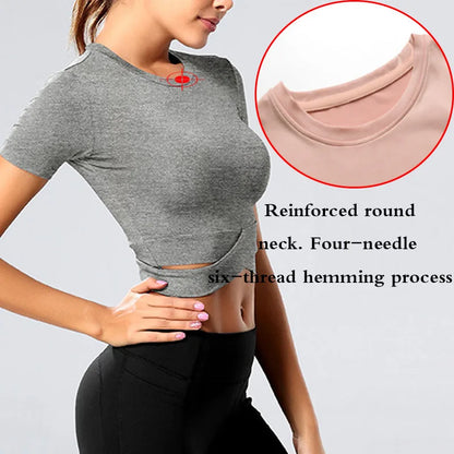 Aiithuug Waist Yoga Short Sleeve Crisscross Waist Breathable Gym Shirts Sports Tops Workout Fitness Crop Top Yoga Top