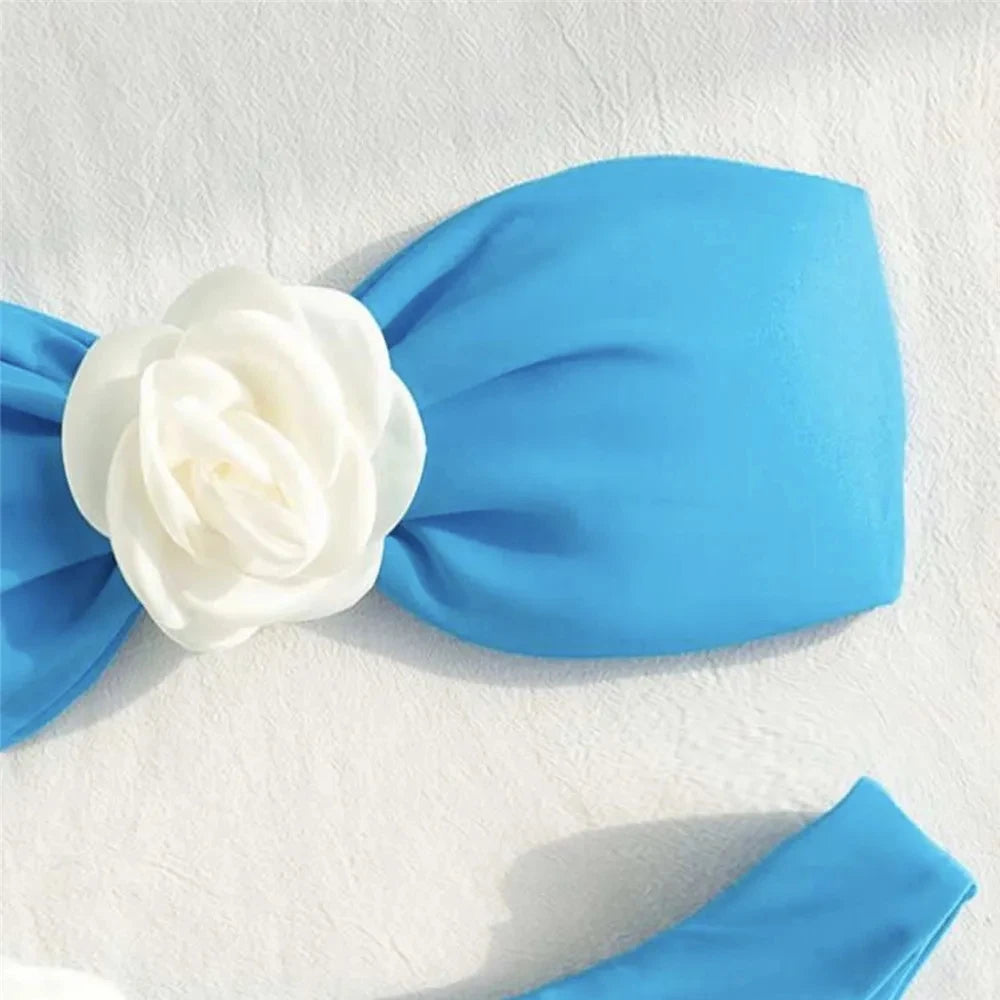 Flower Bandeau Swimwear Thong Bikini Women Lace-up Swimsuits Swimming Bathing Suit Brazilian Bikinis Set
