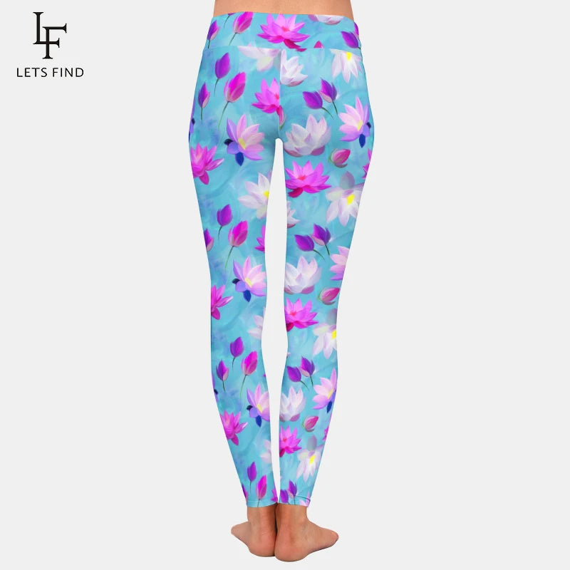 Lotus Flowers Digital Printing Women High Waist Elastic Pants High Quality Workout Stretch Leggings