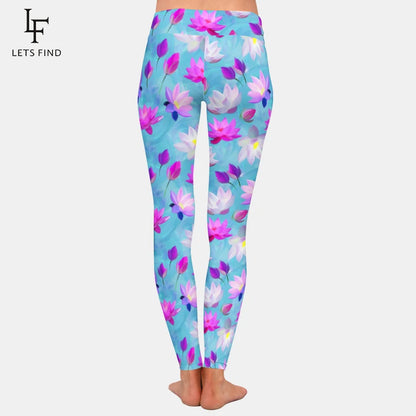 Lotus Flowers Digital Printing Women High Waist Elastic Pants High Quality Workout Stretch Leggings