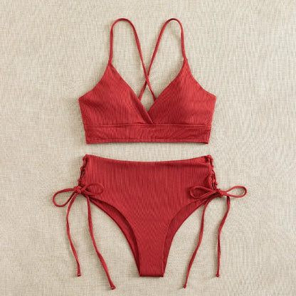 V-Neck Split Bikini Set for Women, Swimsuit, Lace Up, Triangular Bikinis, Solid Color, Beach Swimwear, Bathing Suit