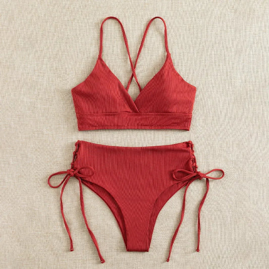 V-Neck Split Bikini Set for Women, Swimsuit, Lace Up, Triangular Bikinis, Solid Color, Beach Swimwear, Bathing Suit