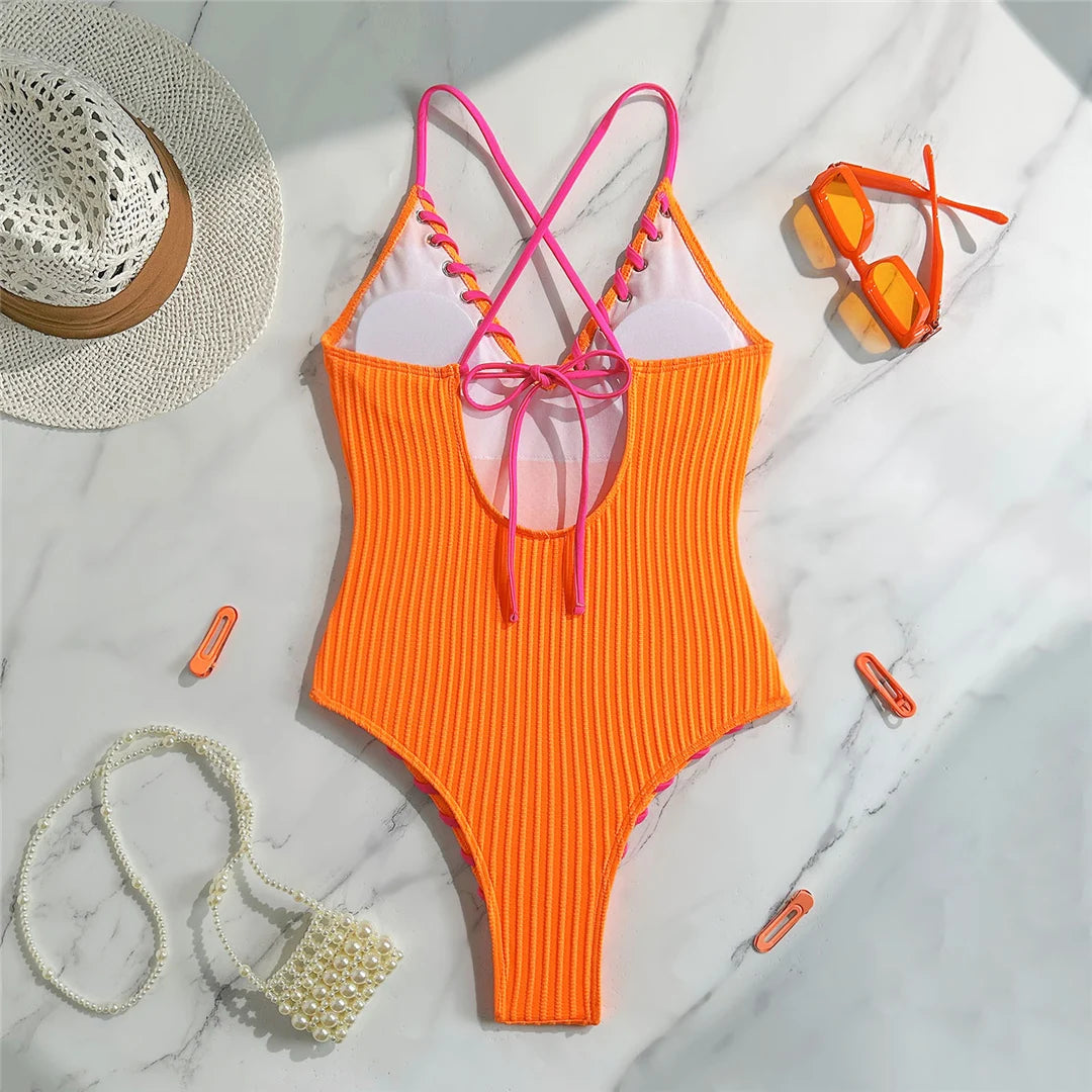 5 Colors V Neck Ribbed Cross Back One Piece Swimsuit Women Swimwear Female High Leg Cut Monokini  Bather Bathing Suit Swim