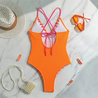 5 Colors V Neck Ribbed Cross Back One Piece Swimsuit Women Swimwear Female High Leg Cut Monokini  Bather Bathing Suit Swim