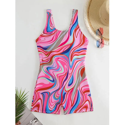 Women's Boyleg One Piece Padded Swimsuit Sports Surfing Suits Print Bodysuit Bathing Swimming Suit Beachwear Summer Monokini Bathers