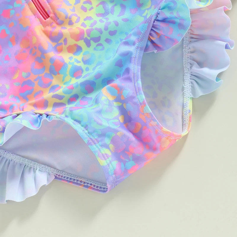 1-6Years Toddler Girls Swimsuits Fish Scale Print Long Sleeve Ruffle Trim Swimwear Summer Beachwear Kids Bathing Suits