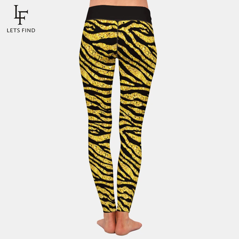 High Waist Women Leggings Fashion 3D Golden Zebra Print  Elastic Black Leggings