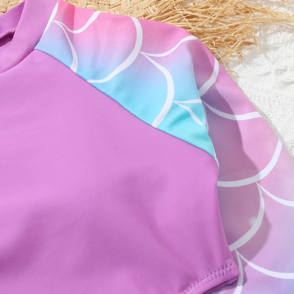 Girls One Piece Swimsuit with Long Sleeve Purple Blue Cut Out 7-12 Years Children's Swimwear Teens Bathing Suits for Kids