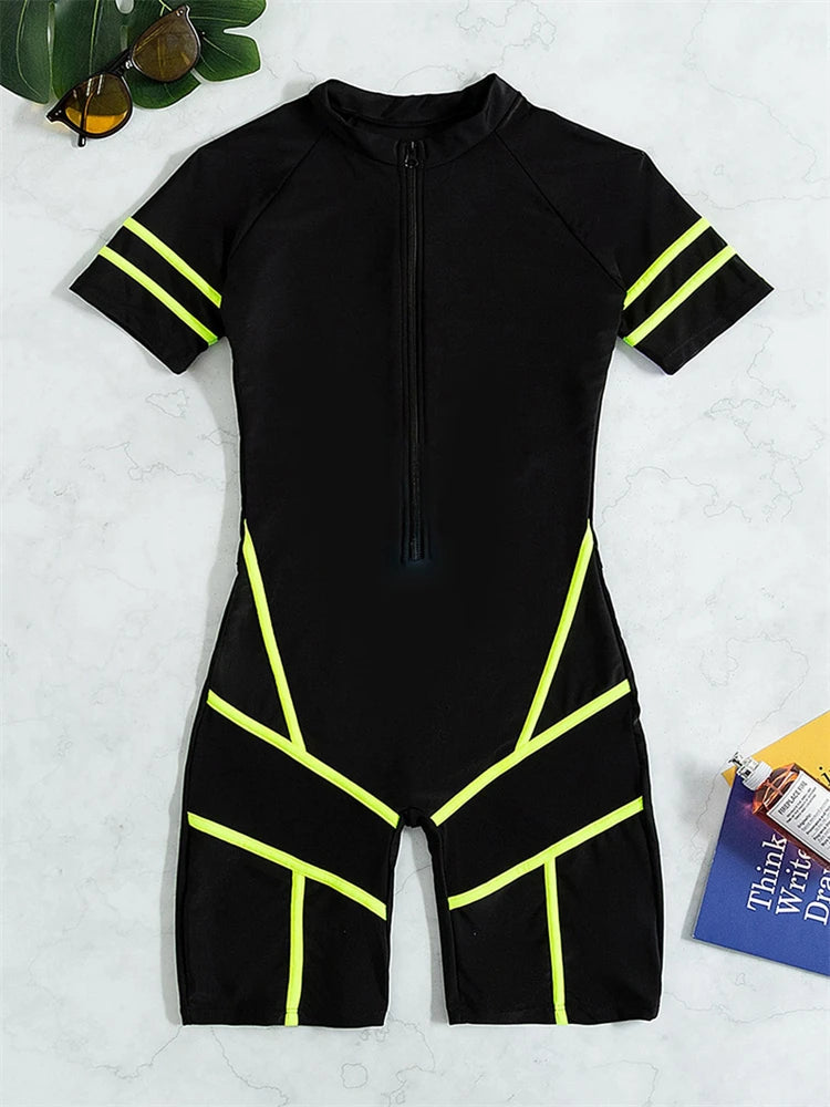 One Piece Swimsuit Women  Black Short Sleeves Zippers Swimwear Boxer Shorts Bodysuit Monokini Beach Bathing Suit Female